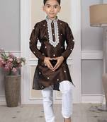 Brown embroidered art silk boys-kurta-pyjama