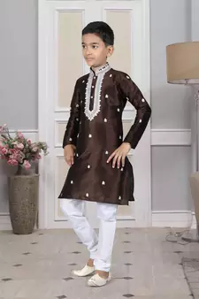 Brown embroidered art silk boys-kurta-pyjama