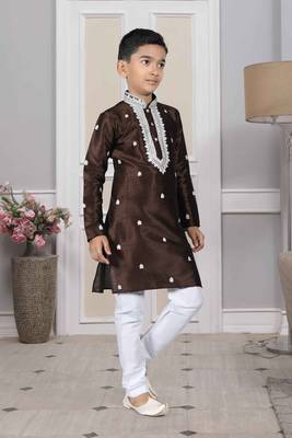 Brown embroidered art silk boys-kurta-pyjama 3