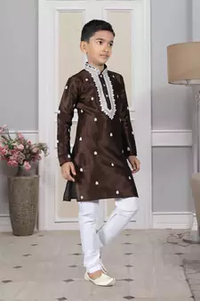 Brown embroidered art silk boys-kurta-pyjama