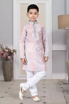 Grey embroidered art silk boys-kurta-pyjama