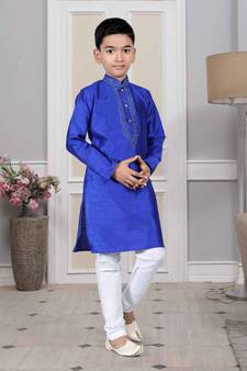 Blue embroidered art silk boys-kurta-pyjama