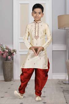 Fawn embroidered art silk boys-dhoti-kurta