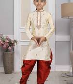 Fawn embroidered art silk boys-dhoti-kurta
