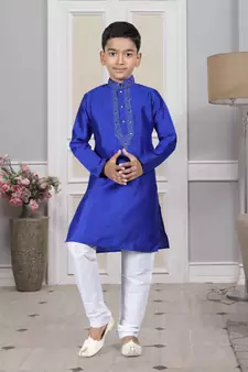 Blue embroidered art silk boys-kurta-pyjama