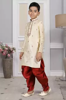 Fawn embroidered art silk boys-dhoti-kurta