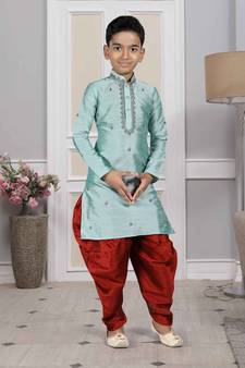 Turquoise embroidered art silk boys-dhoti-kurta