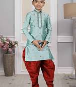 Turquoise embroidered art silk boys-dhoti-kurta