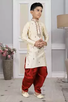 Fawn embroidered art silk boys-dhoti-kurta
