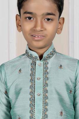 Turquoise embroidered art silk boys-dhoti-kurta 2