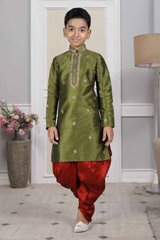 Green embroidered art silk boys-dhoti-kurta