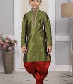 Green embroidered art silk boys-dhoti-kurta