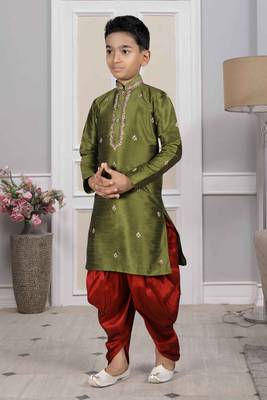 Green embroidered art silk boys-dhoti-kurta 2