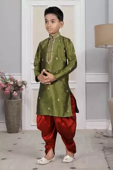 Green embroidered art silk boys-dhoti-kurta