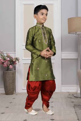 Green embroidered art silk boys-dhoti-kurta 3