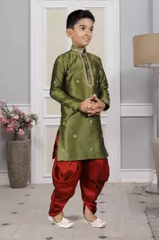 Green embroidered art silk boys-dhoti-kurta