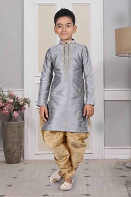 Grey embroidered art silk boys-dhoti-kurta 1