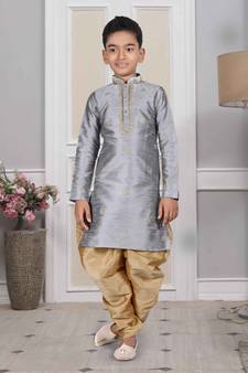 Grey embroidered art silk boys-dhoti-kurta
