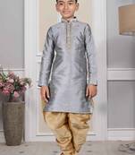 Grey embroidered art silk boys-dhoti-kurta
