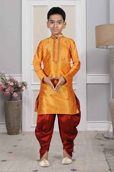 Orange embroidered art silk boys-dhoti-kurta