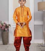 Orange embroidered art silk boys-dhoti-kurta