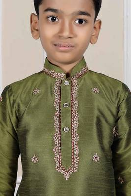 Green embroidered art silk boys-dhoti-kurta 4