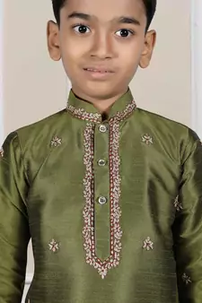 Green embroidered art silk boys-dhoti-kurta