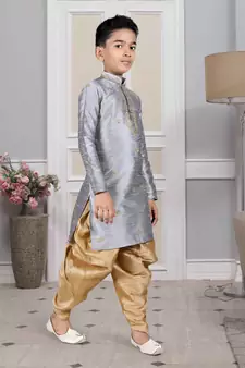 Grey embroidered art silk boys-dhoti-kurta