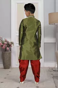 Green embroidered art silk boys-dhoti-kurta