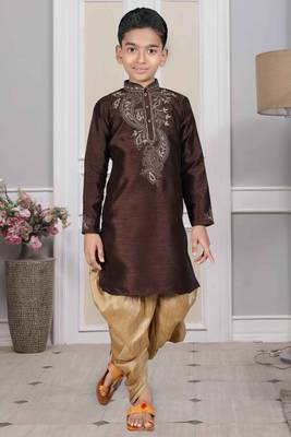 Brown embroidered art silk boys-dhoti-kurta 1