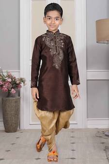 Brown embroidered art silk boys-dhoti-kurta