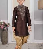 Brown embroidered art silk boys-dhoti-kurta