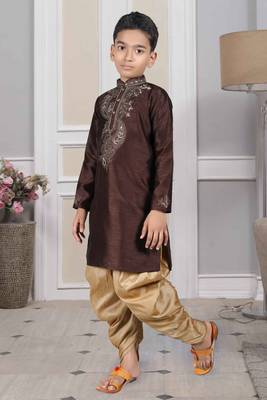 Brown embroidered art silk boys-dhoti-kurta 2