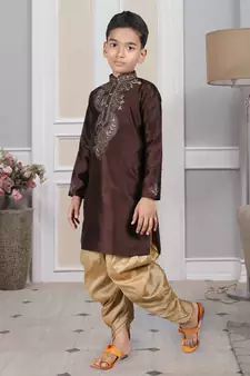 Brown embroidered art silk boys-dhoti-kurta