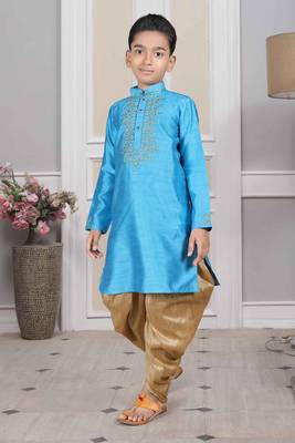 Blue embroidered art silk boys-dhoti-kurta 1