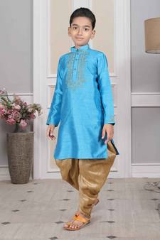 Blue embroidered art silk boys-dhoti-kurta