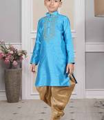 Blue embroidered art silk boys-dhoti-kurta