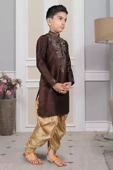 Brown embroidered art silk boys-dhoti-kurta