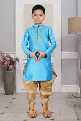 Blue embroidered art silk boys-dhoti-kurta 2