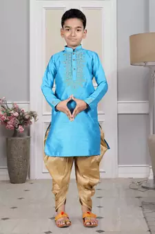 Blue embroidered art silk boys-dhoti-kurta