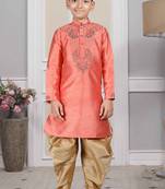 Pink embroidered art silk boys-dhoti-kurta