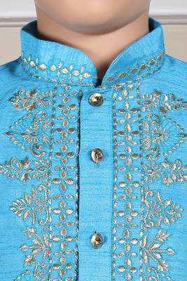 Blue embroidered art silk boys-dhoti-kurta 3
