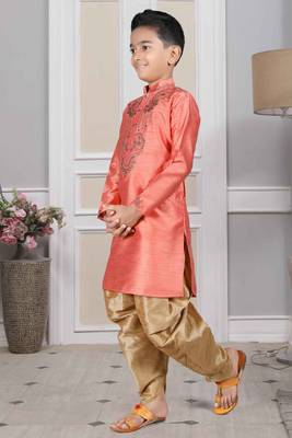 Pink embroidered art silk boys-dhoti-kurta 2