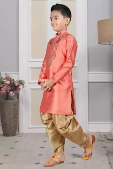 Pink embroidered art silk boys-dhoti-kurta