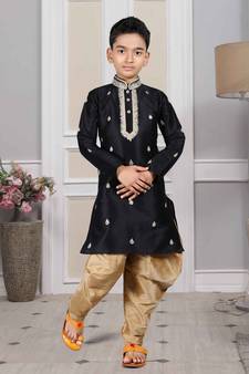 Black embroidered art silk boys-dhoti-kurta