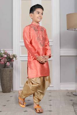 Pink embroidered art silk boys-dhoti-kurta 3