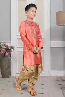 Pink embroidered art silk boys-dhoti-kurta