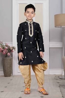 Black embroidered art silk boys-dhoti-kurta 3