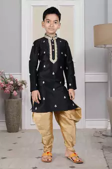 Black embroidered art silk boys-dhoti-kurta