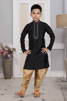 Black embroidered art silk boys-dhoti-kurta